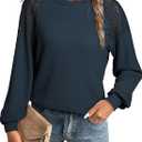 2 x EVALESS Womens Long Sleeve Tops Dressy Casual Crewneck Waffle Lace Patchwork Knit T Shirts Blouses Fall Fashion 2025 (Blue, M)