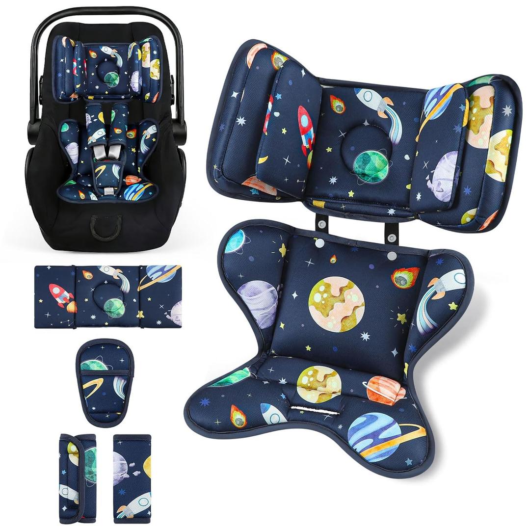 Infant Car Seat Insert with 2 Headrests for Doona|Graco, Thickened Baby Car Seat Cushion for Newborn, Car Seat Head Support Shoulder Covers Set Fits for Stroller, Baby Swing, Bouncer (Blue, Space)