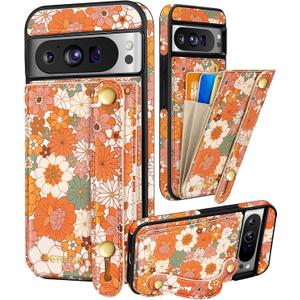Petitian for Google Pixel 8Pro Case with Wallet - Women Girls Cute Girly Aesthetic Unique Design Leather Credit Card Holder Cardholder Stand Wristband for Pixel 8Pro, Orange Floral