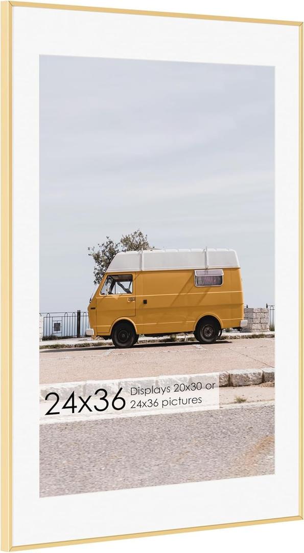 Fun Memories 24x36 Picture Frame, 24 x 36 Metal Poster Frame with Mat for 20x30-Tempered Glass Front- Vertical and Horizontal Display - Wall Hook Hanging Hardware Included -Gold