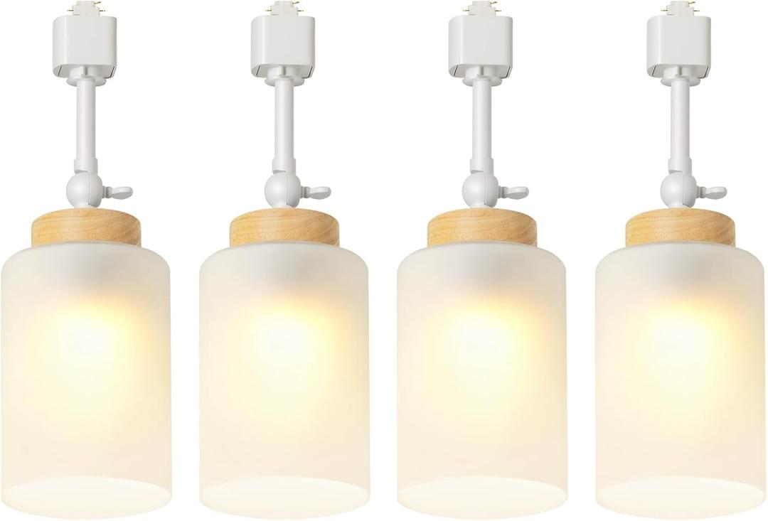 H Type Track Lighting Heads E26 Track Light Ceiling Modern for Kitchen, Compatible with H Track Rail System, Wood Style Pendant Light Fixtures with Glass Lamp Shade White 4 Pack - No Bulbs