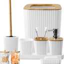 Bathroom Accessory Set, 9-Piece White Bathroom Set with Trash Can, Tray, Soap Dispenser, Toothbrush Holder, Toothbrush Cup, Soap Dish, Toilet Brush and Q-tip Holders for Bathroom/Housewarming