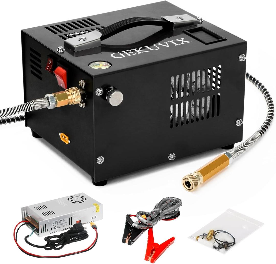 PCP Air Compressor 4500Psi/30Mpa Water/Oil Free PCP Air Pump Rifle,12V Automotive DC 110V AC PCP Airgun Compressor With Power Converter,Built-in Fan,Suitable for Paintball, Air Rifle, Black 