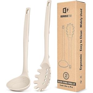 Silicone Pasta Fork and Soup Ladle Set, Heat Resistant Non Stick Kitchen Utensils with Back Hooks, Suitable for Cooking, Stirring, Serving Spaghetti, Soup, Sauce(KHAKI)