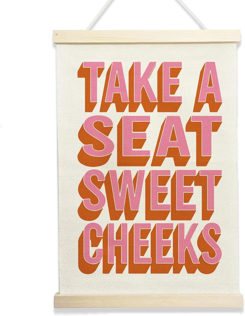 NQDWX Take a Seat Sweet Cheeks Hanging Flag - Funny Wall Decor for Bathroom, 12x17 Inches Humor Canvas Banner with Wood Frame. (081)