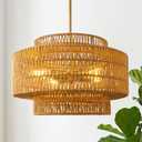 18" Boho Rattan Chandelier, 4-Light 3-Tier Hand Woven Dining Room Light Fixture with Gold Finish, Natural Brown Pendant Lights for Living Room Kitchen Island, AD-25050-4P-GD