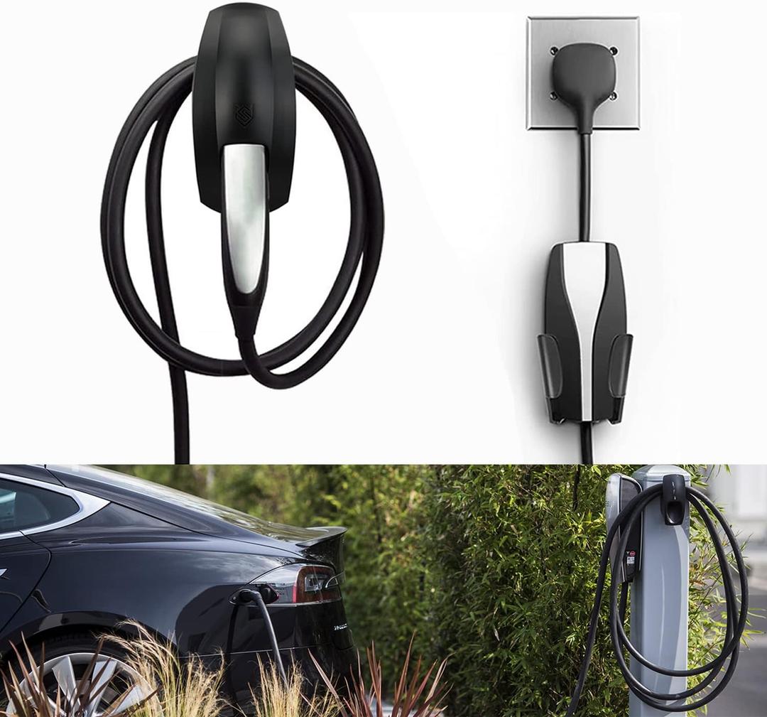 SEVEN SPARTA  EV Charging Cable Holder with Chassis Bracket for Tesla Model 3 Model Y Model X Model S, Type 2 Wall Bracket for EV Charger Cable Organizer Tesla Accessories Car Wall Connector (Black)