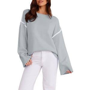 Women's Oversized Sweaters Loose Fit Fall Crewneck Color Block Knit Pullover Sweater Tops (Gray, L)