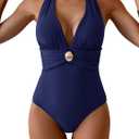 Women's One Piece Swimsuit Sexy Halter V Neck Bathing Suit Tummy Control Ruched Metal Swim Suit (XX-Large)