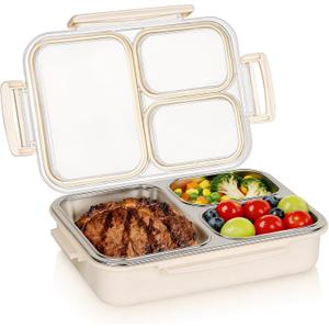 Stainless Steel Bento Box, 3 Compartments Leakproof Stainless Steel Snack Containers, 25 oz Premium 304 Metal Lunch Box for Adults, BPA-Free, Dishwasher Safe (Beige)