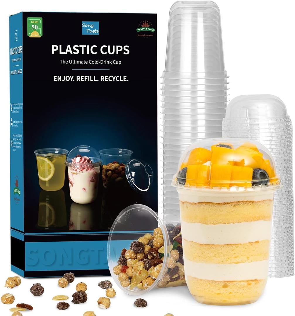 Songtaste 50 Pcs Disposable Plastic Cups,8 Oz Clear Plastic Parfait Cups with Dome Lids,No Hole, Dessert Yogurt Fruit Cups for Kids, Take Away Breakfast and Snacks, Cold Drinks, Ice Cream, Fruit Iced