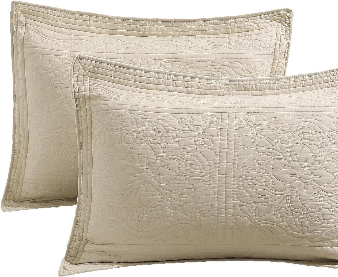 WINLIFE 100% Cotton Quilted Pillow Sham Floral Printed Pillow Cover (Standard, Beige) (26" x 20" (Pack of 2))