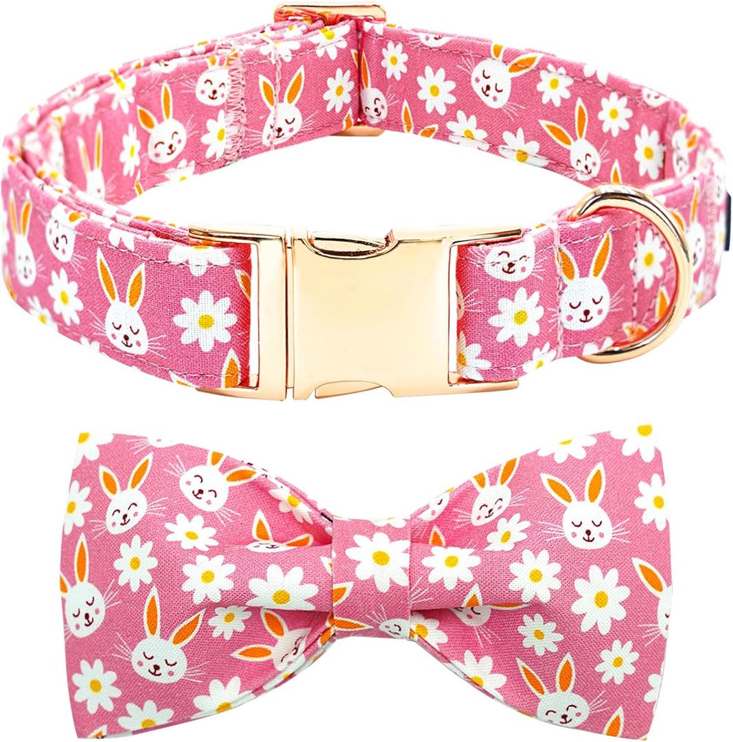 Easter Dog Collar-Pink Rabbit Adjustable Cute Pet Collar Soft Pink Flower Dog Collars with Bow Tie Holiday Cotton Metal Buckle Puppy Collar Gift for Large Dogs (Large (Pack of 1))
