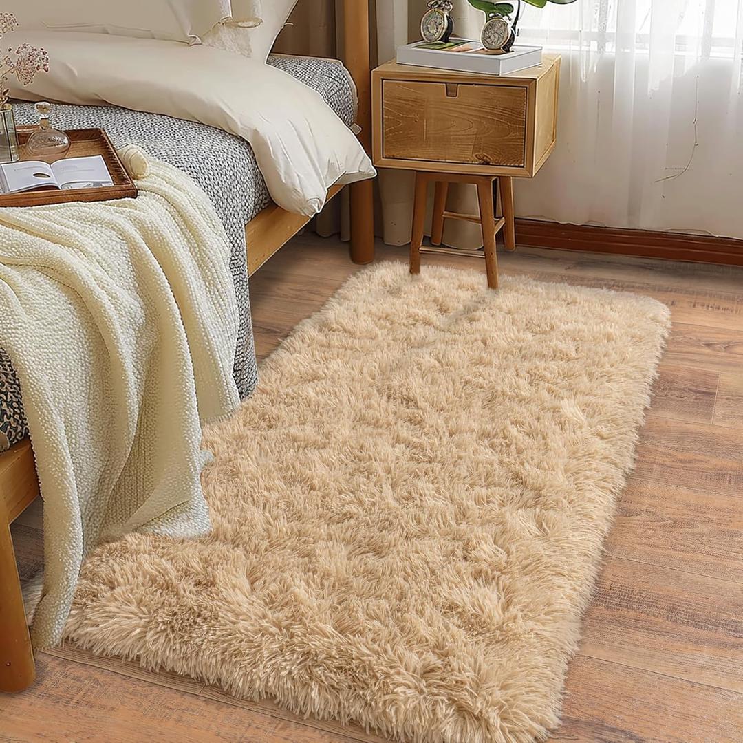 Soft Runner Rugs for Bedroom Hallways New Upgraded Non-Slip Bottom, 2 Packs 2x4 Beige Fluffy Shag Throw Area Rug for Bedside Dorm, Long Shaggy Furry Carpet for Nursery Living Room