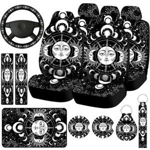 Riakrum 15 Pcs Moon Stars and Sun Car Seat Covers Full Set Thick Car Front and Back Seat Steering Wheel Seatbelt Strap Cover Armrest Pads Cup Mat Wrist Strap Key Chains for Auto Truck
