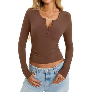 EasyGala Womens Cotton Long Sleeve Shirts V Neck Henley Tops Slim Fit Basic Going Out Tshirts Fall Fashion Outfits 2025 Brown, Large