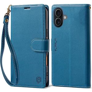 FLIPALM Wallet Case for iPhone 17 Series with Wrist Strap - PU Leather Folio Flip with Credit Card Holder & Kickstand, Protective Cover (Blue, for iPhone 17)