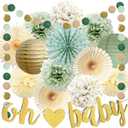 Sage Green Baby Shower Decorations Oh Baby Banner Tissue Paper Pom Poms Flowers Paper Fans Circle Dot Garland Neutral Party Supplies Boy Girl Gender Reveal Birthday Party Decorations