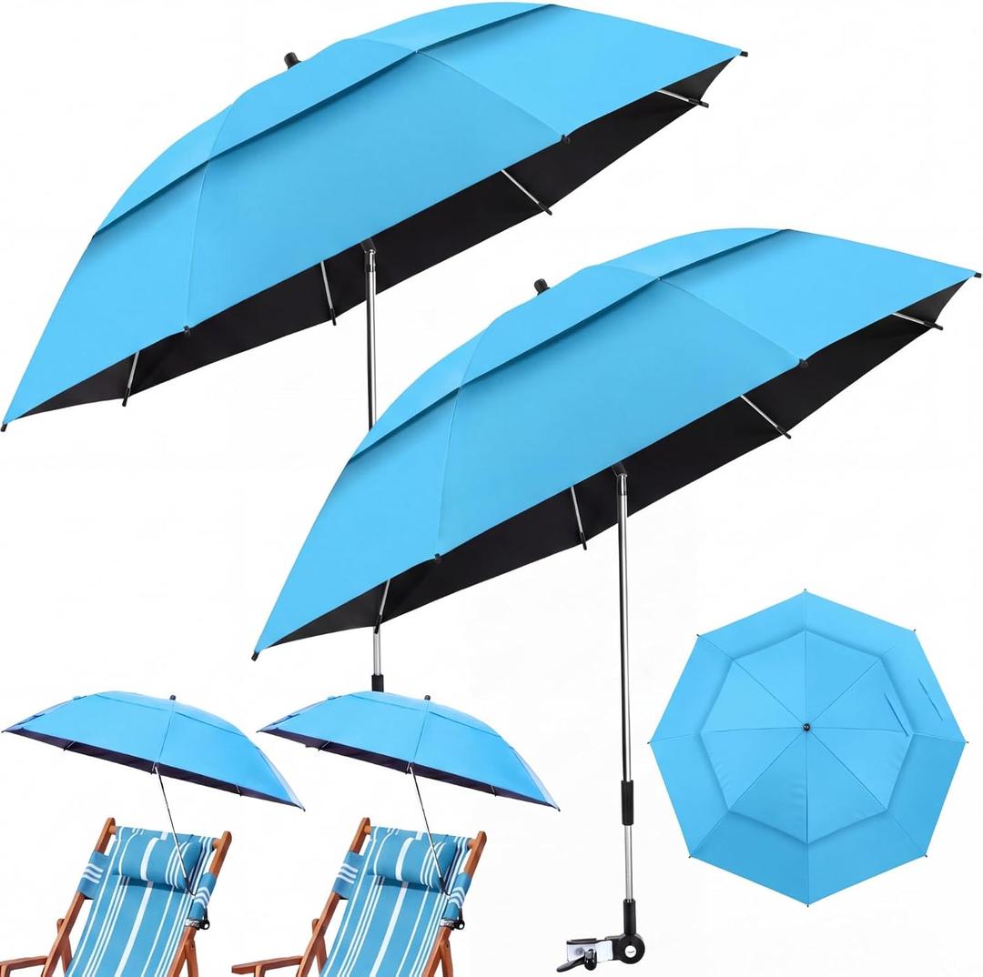 Nuanchu 2 Pcs 49" Double Canopy Beach Umbrellas with Clamp Upf50+ Beach Chair Umbrella with Clip 360 ° Adjustable Portable Outdoor Wheelchair Patio Golf Carts Camping Stroller Fishing