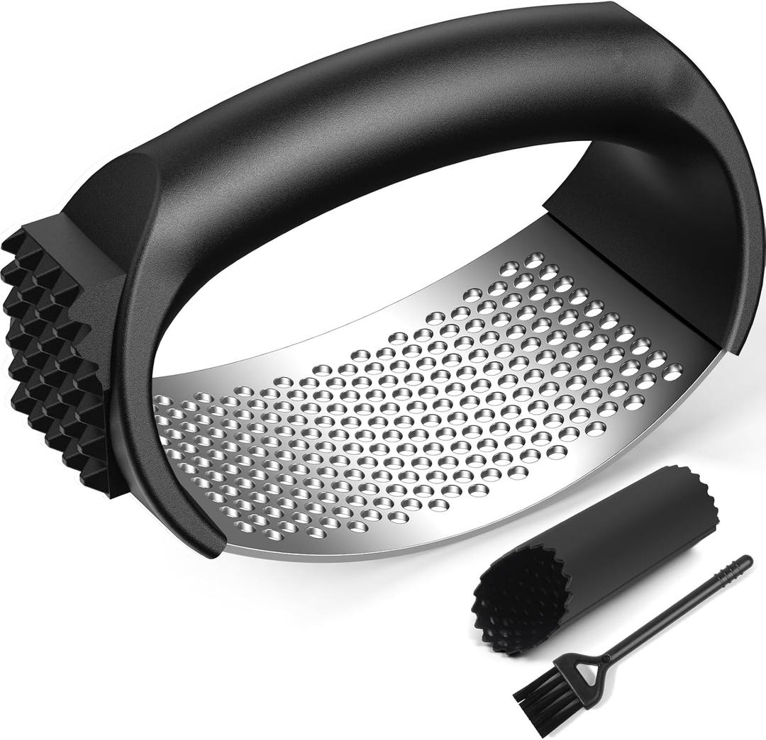 Garlic Press Rocker Set with Garlic Peeler & Cleaning Brush,Stainless Steel Garlic Mincer Crusher,Easy Kitchen Gadget for Effortless Smashing,Kitchen Essentials,Home and Kitchen Utensils Accessories
