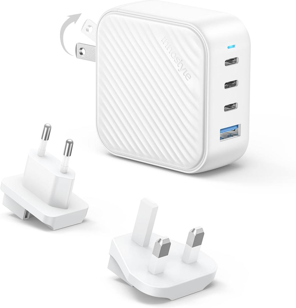 100W USB C Charger with 4 Ports, Foldable Plug & Interchangeable EU/UK Plug Adapters, GaN II Fast Travel Charger for MacBook, iPhone 16/15/14, Galaxy, Steam Deck, iPad,MacBook