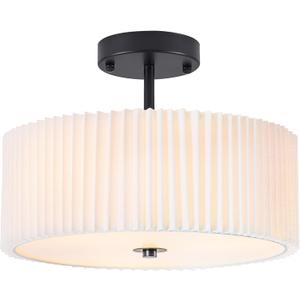 Bargeni Semi Flush Mount Ceiling Light,12.5 inch Ceiling Light Fixture,Black Flush Mount Light Fixture with Pleated Fabric Drum Shade,Light Fixtures Ceiling Mount for Bedroom,Living Room,Hallway