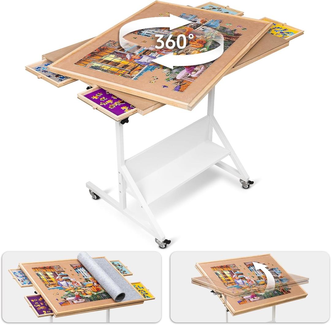 Tektalk Jigsaw Puzzle Table with Angle & Height Adjustment, Wooden Puzzle Board with Cover & 4 Colored Drawers, Tilting Puzzle Easel with Legs & 4 Roller Wheels, for Up to 1500 Pieces