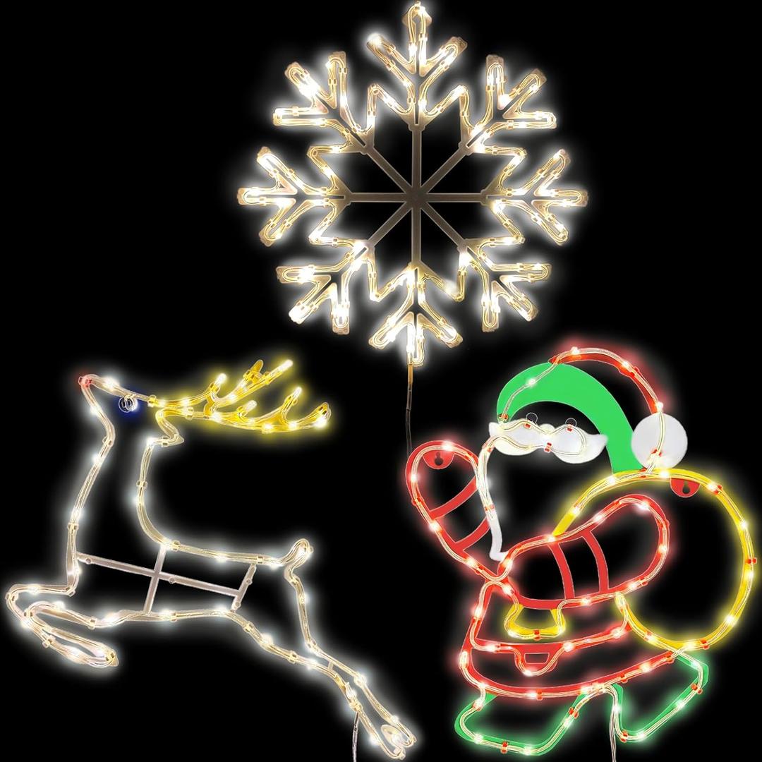 Christmas Window Silhouette Lights Decorations - 16in Pack of 3 USB Waterproof Sign Lighted Colour Snowflake Reindeer Santa Claus for Holiday Indoor Wall Door Glass Decorations