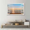 Beach Wall Art Pictures White Fake Window Frame Style Sunset Painting Seascape Artwork Ocean Birds Theme Prints on Canvas Blue Coastal Landscape for Living Room Bedroom Bathroom Home Office Decor24x36inch