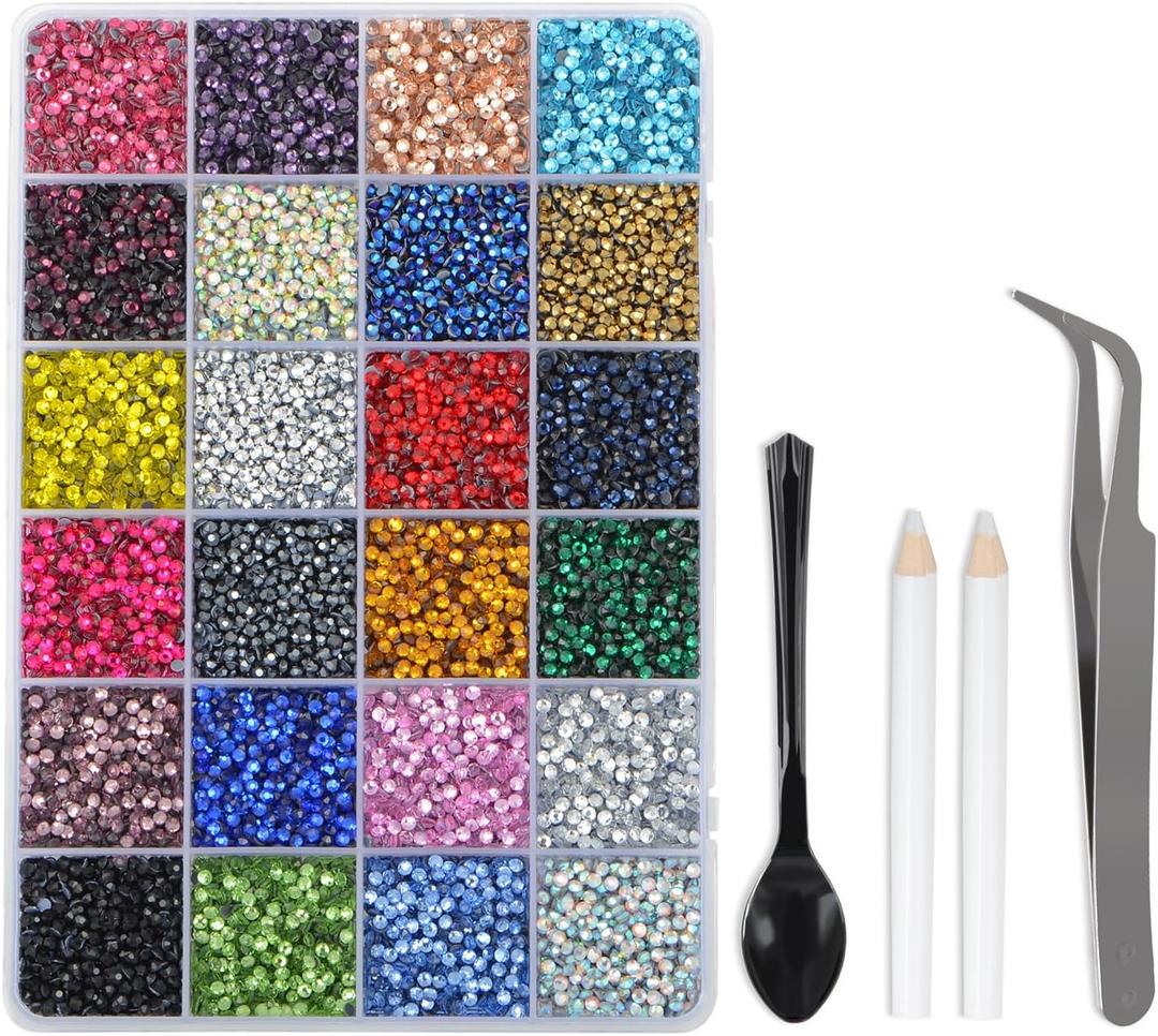 LPBeads Glass Hotfix Rhinestones Bulk SS10 14400pcs 24 Colors Hotfix Crystal Flatback Rhinestones for Crafts Clothes with Tweezers and Wax Pencil Kit