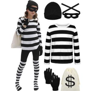 URATOT Kid's Robber Costume Set Black and White Striped Tee Shirt Canvas Bag Gloves Eye Patch and Beanie Cap (10-12 Years)