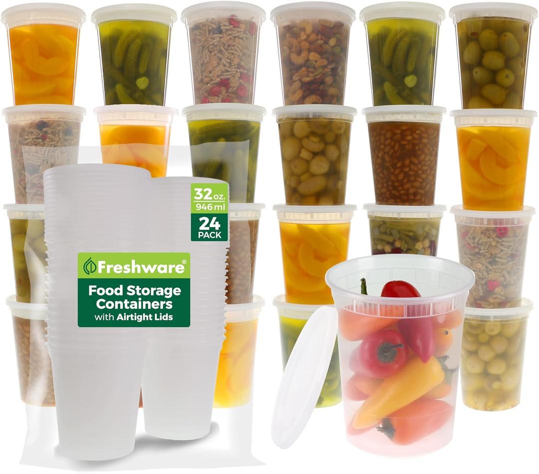 Freshware Food Storage Containers [24 Set] 32 oz Plastic Deli Containers with Lids, Slime, Soup, Meal Prep Containers | BPA Free | Stackable | Leakproof | Microwave/Dishwasher/Freezer Safe