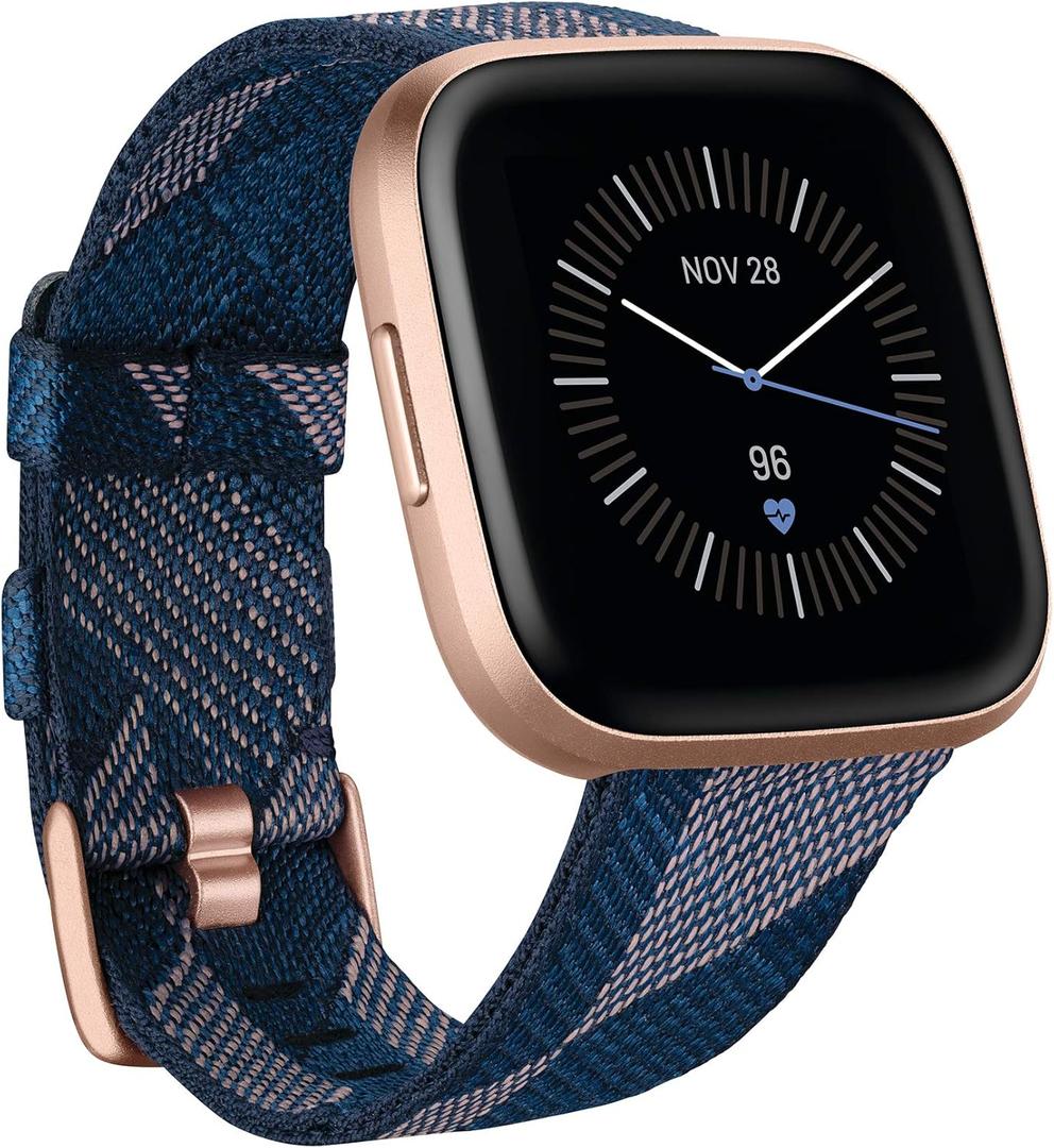 Fitbit Versa 2 Special Edition Health and Fitness Smart Watch with Heart Rate, Music, Alexa Built-In, Sleep and Swim Tracking, Navy and Pink Woven/Copper Rose, One Size (S and L Bands Included), 2.3