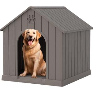 Fancyango Large Dog House Outdoor Indoor for Medium Large Dogs, Sturdy Plastic Waterproof Doghouse with Air Vents and Elevated Floor, Easy Clean and Assemble (Light Grey, 36.2''L38''W38''H)