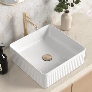 Bathroom Vessel Sink 14.8 Inch Top Mount Bathroom Sink Square, White Vessel Sink for Bathroom, Countertop Sink for Cabinet Lavatory Vanity, Porcelain, CBS134, 14.75'' X 14.75''