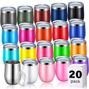 20 Pack Stainless Steel Wine Tumblers with Lids Bulk 12 oz Double Wall Insulated Wine Cups Stemless Powder Coated Glass for Coffee Cocktails Champagne Laser Engrave DIY Gift, 20 Assorted Colors