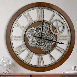 HOIBAI Clocks for Living Room Decor, Large Wall Clock 24 in (60cm) Clocks Wall Decor, Moving Gear Wall Clock, Farmhouse Vintage Industrial Oversized (Phoebe Nanmu With Bronze Gears)