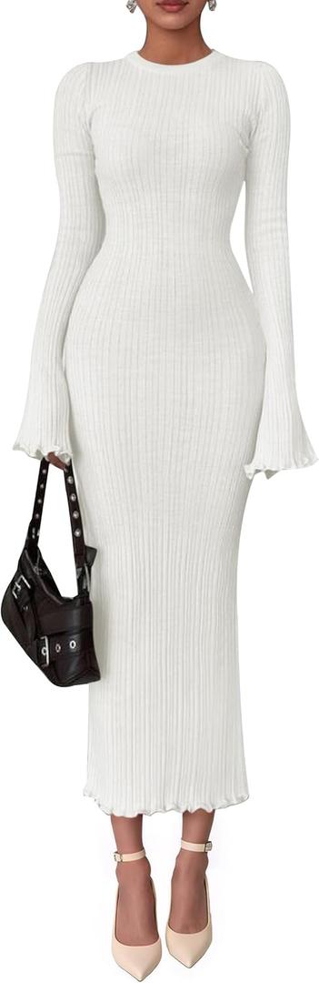 PRETTYGARDEN Sweater Dresses for Women 2026 Fall Bell Long Sleeve Crew Neck Bodycon Maxi Dress Winter Ribbed Knit Outfits (Small, White)