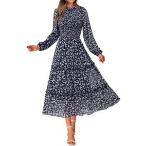 NOLLSOM Women 2023 Fall Dress Floral Boho Dress Casual Long Sleeve Crew Neck Ruffle A-Line Flowy Wedding Guest Maxi Dresses(Navy Pink Flower, Small)