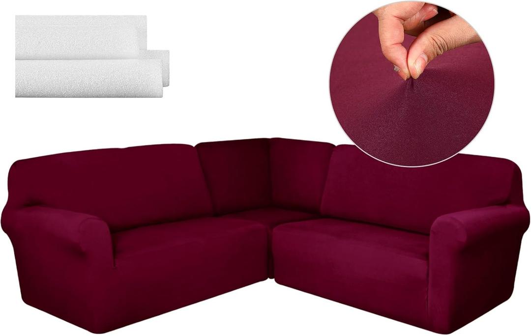 Breling 3 Pcs L Shaped Couch Covers for Sectional Corner Sofa Stretch 5 Seat Washable Corner Sofa Slipcover Sectional Couch Protector for Living Room(Burgundy, Milk Silk)
