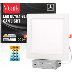 8 Inch Square LED Recessed Ceiling Light, Dimmable Canless Wafer Downlight, Damp-Rated for Bathroom Basement Kitchen, Ultra Thin with Junction Box, 5CCT 2700K 3000K 3500K 4000K 5000K, 1 Pack