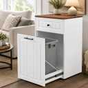 13 Gallon Pull Out Trash Can Cabinet with Storage Drawer, Wooden Kitchen Garbage Can Holder, Freestanding Modern Farmhouse Waste Bin Furniture, White Finish