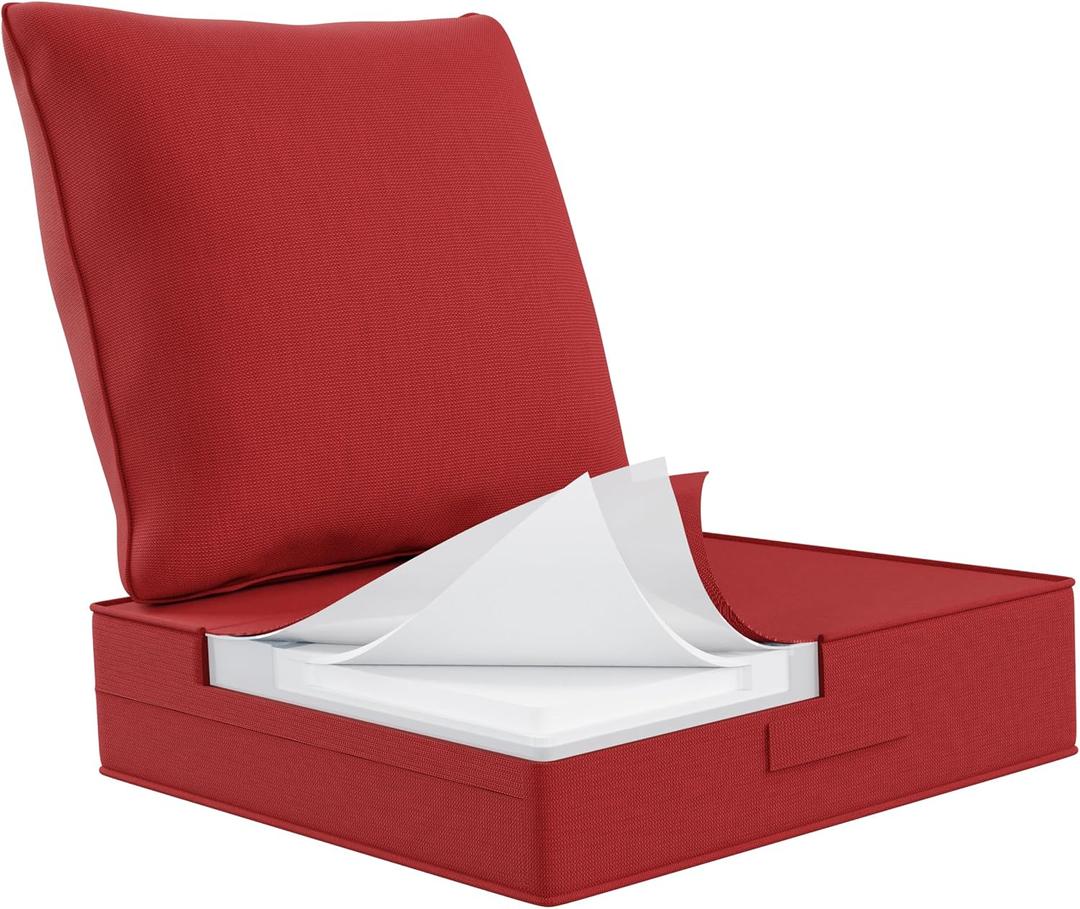 Outdoor Olefin Water-Resistant Deep Seat Cushion Set, 23''x 26''x 6'' Weather and Fade Resistant Patio Furniture Seat Cushion, Thickened Sofa Chair Pad with Straps for Lawn, Garden, Red