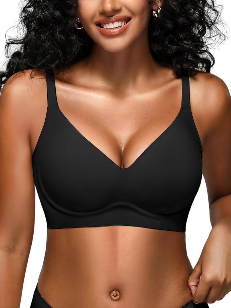 Jelly Bras for Women - S-2XL Seamless Wireless Padded Bralette with Support, Comfy Everyday T-Shirt Bra No Underwire (Medium, Black)