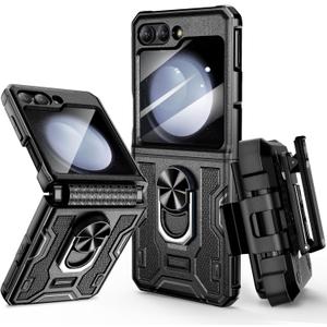 VEGO for Galaxy Z Flip 5 Case with Stand, 360Ring Magnetic Ring Kickstand & Belt Clip Holster & Camera Screen Protector & Hinge Protection, Shockproof Cover - Black