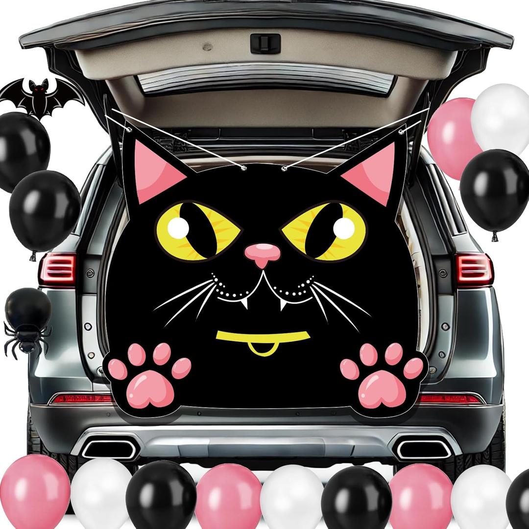 Halloween Black Cat Trunk or Treat Car Decorations Kit Halloween Backdrop and Balloons for Car SUV Truck Garage Door Decor Haunted House Outdoor Halloween Decorations Outside