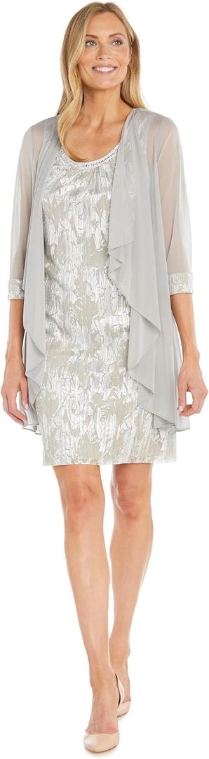 R&M Richards Metallic Foil Print Chiffon Sheath Dress W/Jeweled Neckline & Pleated Mesh Jacket (10)