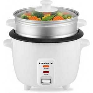 OVENTE Electric Rice Cooker and Food Steamer – 10-Cup Cooked Capacity (5 Cups Uncooked), Nonstick Removable Pot, Keep Warm Function, Steaming Basket, Measuring Cup & Spatula Included, White RCS01W