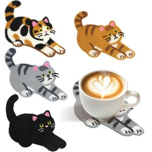 Cute Cat Coasters for Desk, Funny Woven Coaster for Decoration, Creative Gifts for Cat Lovers, Crochet Insulation Knitted Coasters for Coffee Tea Table Desktop Protection (4, Style C)