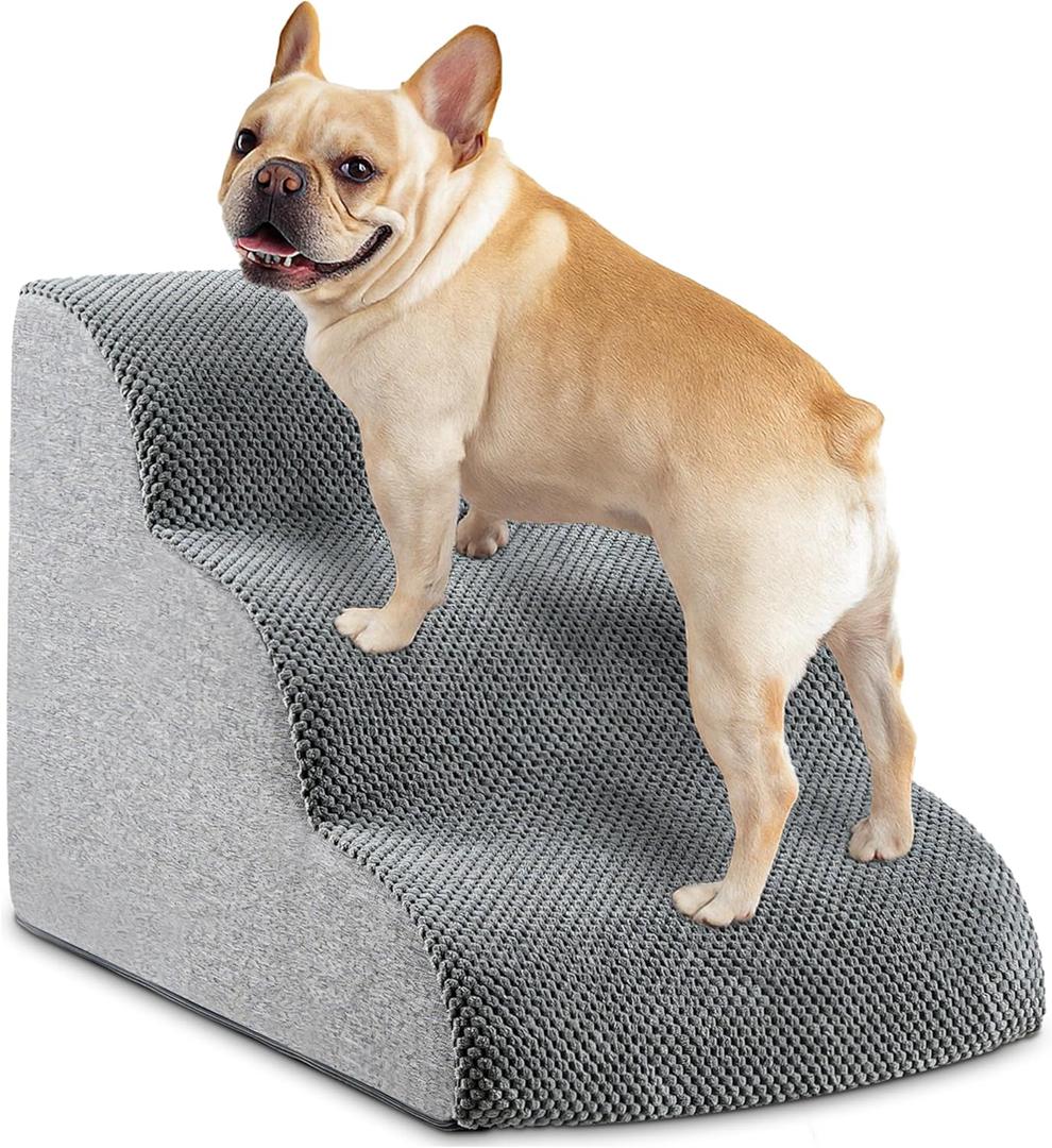 Dog Stairs, 15.7 H  3-Step Foam Ramp for Small Dogs & Cats, Waterproof Washable Cover, Non-Slip Base, Lightweight Pet Ladder for Couch or Bed (Grey)